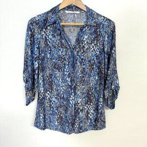 EMILY DANIELS , Women's shirt. Blue and Brown with silvery accents.